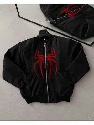 Marsilyan- Unisex Uzun Kol Örümcek Baskılı Bomber Ceket - Siyah