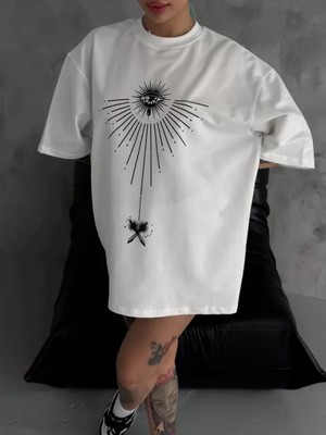 Marsilyan- Unisex Bisiklet Yaka Baskılı Oversize T-Shirt - Beyaz
