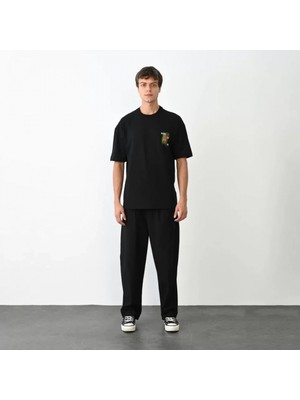 Marsilyan- Unisex Bisiklet Yaka Baskılı Oversize T-Shirt - Siyah