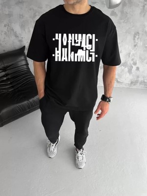Marsilyan- Unisex Bisiklet Yaka Katlanan Baskılı T-Shirt - Siyah