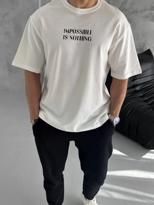Marsilyan- Unisex Bisiklet Yaka Baskılı Oversize T-Shirt - Beyaz