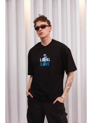 Marsilyan- Unisex Bisiklet Yaka Baskılı Oversize T-Shirt - Siyah