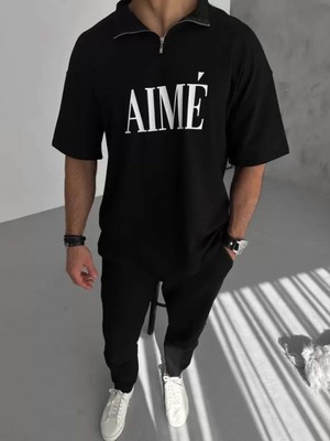Marsilyan- Unisex Yarım Fermuarlı Baskılı T-Shirt - Siyah