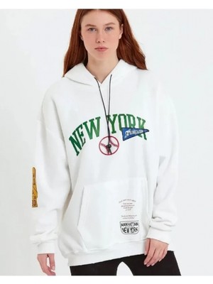 Marsilyan- Baskılı Kapüşonlu Sweatshirt - Beyaz