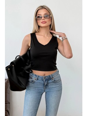 Giysa Kadın Kalın Askılı V Yaka Detaylı Atlet Siyah - 925067