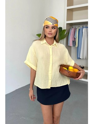 Jee Lee Kadın Kısa Kollu Düğmeli %100 Pamuklu Gömlek Sarı - 26Y 2132