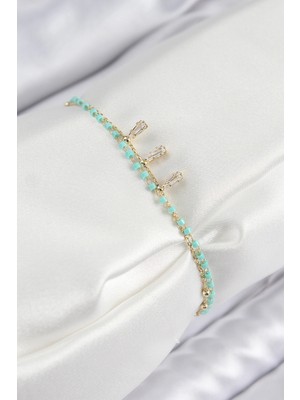 Nevamel® Pirinç Zirkon Taşlı Mavi Boncuklu Model Gold Renk Kadın Bileklik 5886