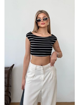 Giysa Kadın Kayık Yaka Kısa Kollu Çizgili Crop Body Siyah Beyaz - 25921