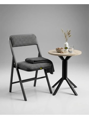 Hey Modüler Mobilya 50 cm Yuvarlak Balkon Masası & Yemek Masası 73 cm Yükseklik Traverten Tabla, Siyah Metal Ayaklı Yıldız Model