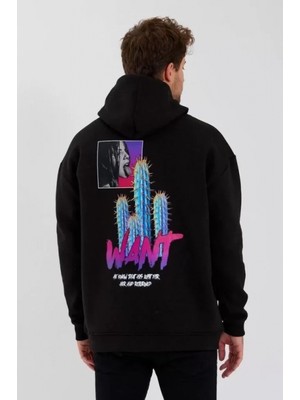 Marsilyan- Erkek Baskılı Üç Iplik Kapüşonlu Oversize Sweatshirt - Siyah