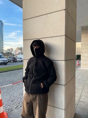 Marsilyan- Samuray Ninja Çift Kapşonlu Zıp Fermuarlı Kanguru Çepli Tam Fermuarlı Hoodie Swetshirt - Siyah