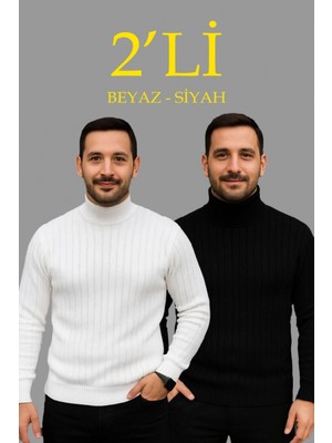 Marsilyan- Erkek Fitilli Triko Kazak 2li Set Beyaz Siyah Regular Balıkcı Yaka Tam Boğazlı Triko Seti Modeli Kazak
