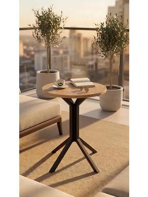 Hey Modüler Mobilya 50 cm Yuvarlak Balkon Masası & Yemek Masası 73 cm Yükseklik Çam Tabla, Siyah Metal Ayaklı Yıldız Model