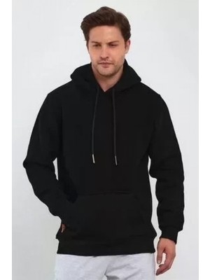 Marsilyan- Erkek Uzun Kol Kapşonlu Basic Sweatshirt Hoodie - Siyah