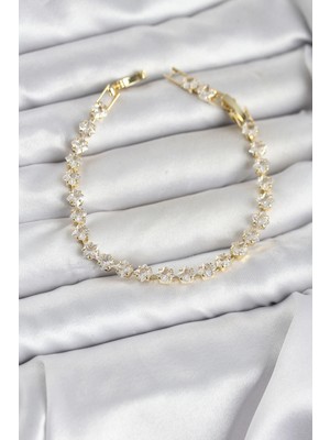 Nevamel® Kare Zirkon Taşlı Gold Renk Pirinç Su Yolu Kadın Bileklik 5886