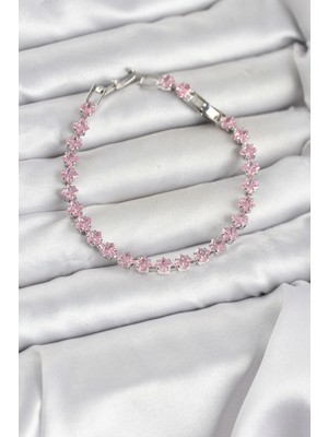 Nevamel® Pembe Kare Zirkon Taşlı Gümüş Renk Pirinç Su Yolu Kadın Bileklik 5886