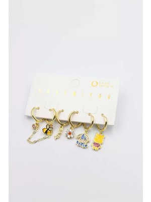 Marsilyan Renkli Taşlı Set Küpe - Altın