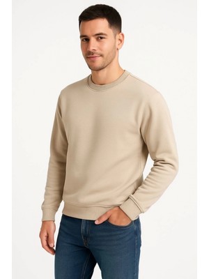 Marsilyan- Erkek Üç Iplik Düz Bisiklet Yaka Sweatshirt - Bej