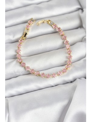 Nevamel® Pembe Kare Zirkon Taşlı Gold Renk Pirinç Su Yolu Kadın Bileklik 5886