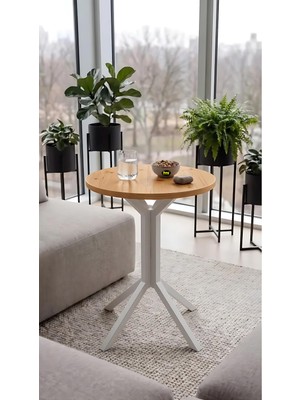 Hey Modüler Mobilya 50 cm Yuvarlak Balkon Masası & Yemek Masası 73 cm Yükseklik Çam Tabla, Beyaz Metal Ayaklı Yıldız Model