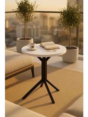 Hey Modüler Mobilya 50 cm Yuvarlak Balkon Masası & Yemek Masası 73 cm Yükseklik Beyaz Tabla, Siyah Metal Ayaklı Yıldız Model