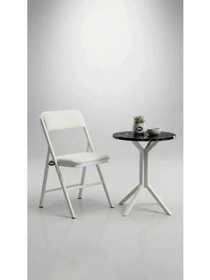 Hey Modüler Mobilya 50 cm Yuvarlak Balkon Masası & Yemek Masası 73 cm Yükseklik Siyah Mermer Tabla, Beyaz Metal Ayaklı Yıldız Model