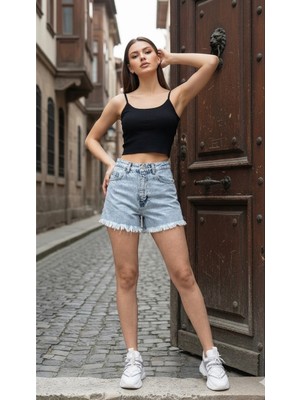Lmb Kadın Jeans Denim Şort Paçası Püsküllü Günlük Esnek Denim Kot Şort Yeni Sezon