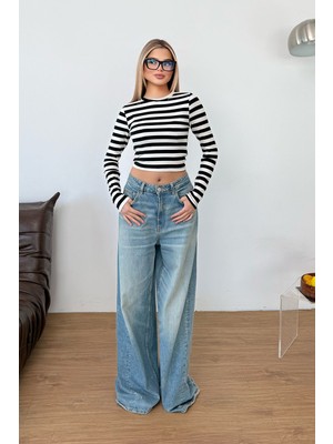 Giysa Kadın Bisiklet Yaka Uzun Kollu Çizgili Body Beyaz Siyah - MS0001667