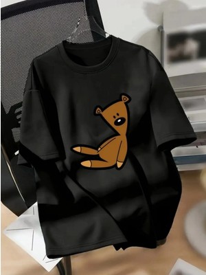 Marsilyan- Baskılı Oversize Bisiklet Yaka T-Shirt - Siyah