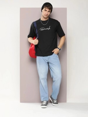 Marsilyan- Erkek Baskılı Oversize T-Shirt - Siyah