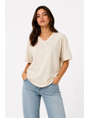 Marsilyan- V Yaka Basic Tişört Kısa Kol Yazlık Regular Fit T-Shirt - Bej