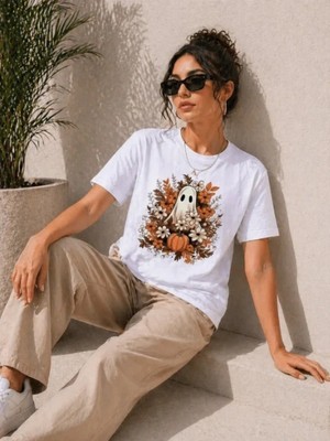 Marsilyan- Balkabağı Hayalet Baskılı Tişört Kısa Kol Yazlık T-Shirt - Beyaz