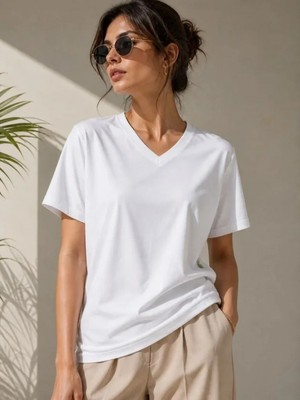 Marsilyan- V Yaka Basic Tişört Kısa Kol Yazlık Regular Fit T-Shirt - Beyaz