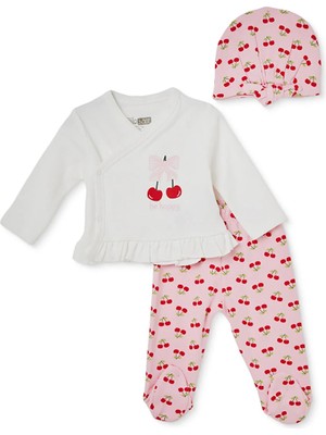 Hellobaby Kız Bebek Zıbın-Şapka-Alt Kiraz Baskılı Çıtçıtlı V Yaka Uzun Kol Patikli