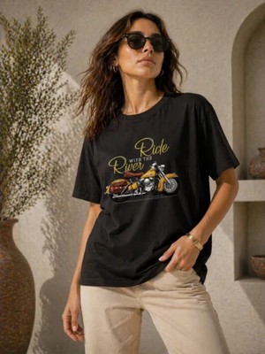 Marsilyan- Motosiklet Baskılı Tişört Bisiklet Yaka Kısa Kol Yazlık T-Shirt - Siyah