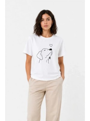 Marsilyan- Köpek Figürlü Minimal Baskılı Tişört Kısa Kol Yazlık T-Shirt - Beyaz