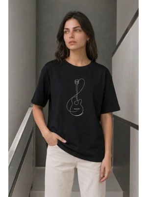 Marsilyan- Minimal Gitar Baskılı Tişört T-Shirt Yazlık Kısa Kol Bisiklet Yaka T-Shirt - Siyah