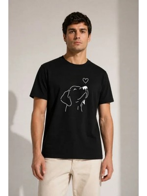 Marsilyan- Erkek Köpek Figürlü Minimal Baskılı Tişört Kısa Kol Yazlık T-Shirt - Siyah