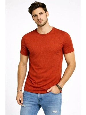 Marsilyan- Erkek Flam Kumaş Melanj Dokulu Regular Fit Tişört Bisiklet Yaka Yazlık T-Shirt - Kiremit