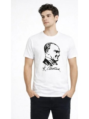 Marsilyan- Erkek Atatürk Baskılı Tişört Kısa Kollu Bisiklet Yaka T-Shirt - Beyaz
