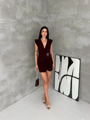 Marsilyan- Kruvaze Drapeli Tokalı Mini Elbise Şık Gece Davet Abiye - Kahverengi