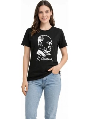 Marsilyan- Atatürk Baskılı Tişört Kısa Kollu Bisiklet Yaka T-Shirt - Siyah