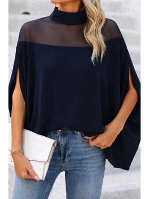 Defy Moda Kadın Balıkçı Yaka Tül Detaylı Yanlardan Açık Geniş Kesimli Sandy Bluz