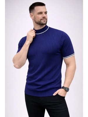 Marsilyan- Erkek Fitilli Triko Dokuma Kısa Kol Tişört Yarım Boğaz Modern Yazlık T-Shirt - Lacivert