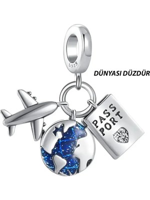 Fubena Uçak Düz Dünya ve Pasaport Sallantılı Gümüş Charm