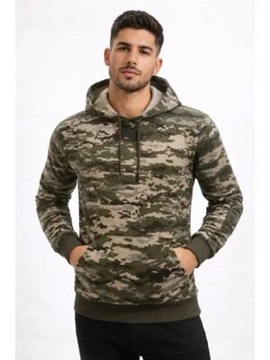 Marsilyan- Erkek Kamuflaj Desenli 2 Iplik 4 Mevsim Kapüşonlu Kanguru Cepli Hoodie Sweatshirt - Kamuflaj