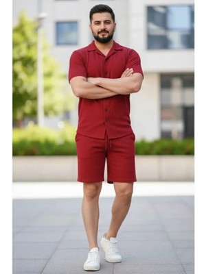 Marsilyan- Erkek Waffle Kumaş Kısa Kollu Gömlek Şort Takım Regular Fit Yazlık Ikili Set - Bordo