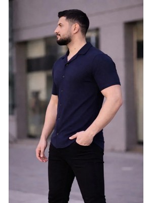 Marsilyan- Erkek Waffle Kumaş Kısa Kollu Düğmeli Açık Yaka Regular Fit Gömlek - Lacivert