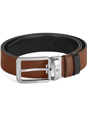 Montblanc Dikdörtgen Tokalı Kızıl Kahve - Siyah 30 mm Çift Taraflı Deri Kemer 221014