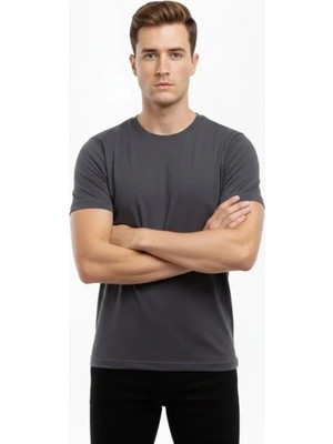 Marsilyan- Erkek T-Shirt Bisiklet Yaka Slim Fit Dar Kesim Likralı Tişört Günlük Basic Body - Füme